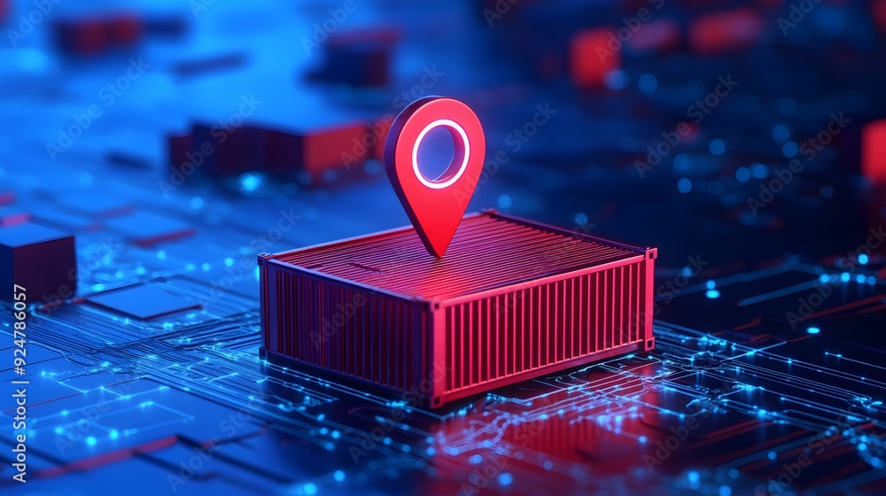 Poster digital logistics concept with red shipping container and navigation pin on a glowing blue circuit b