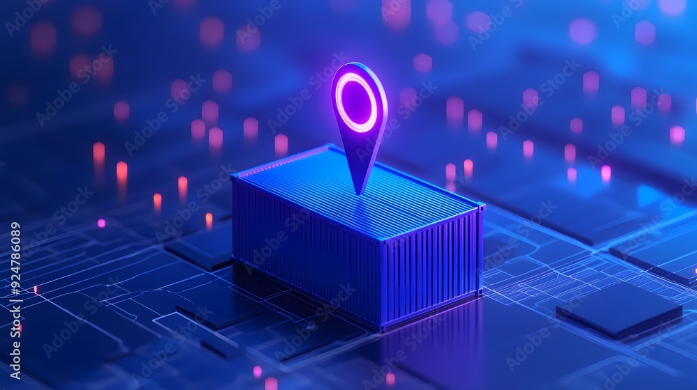 Poster digital logistics concept with a glowing location pin on a cargo container in a blue, futuristic set