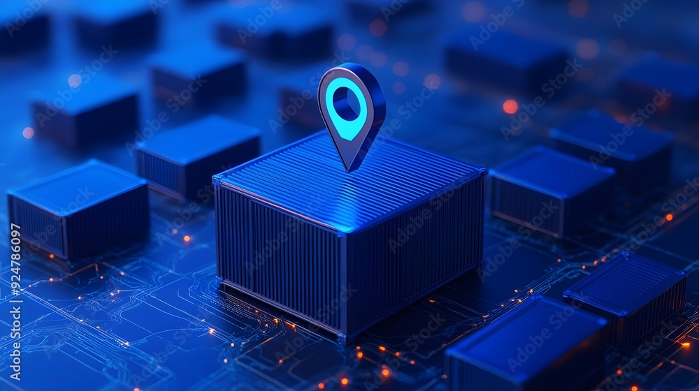 Poster digital map system with blue location pin on a futuristic circuit board, representing futuristic nav
