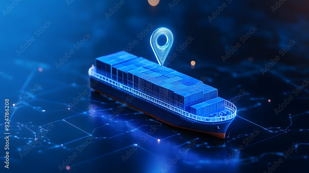 Poster digital rendering of a cargo ship with a location icon over it, representing logistics and global sh