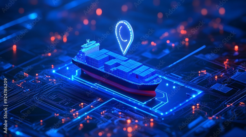 Poster digital rendering of a cargo ship with a gps pin on a futuristic circuit board, signifying global lo