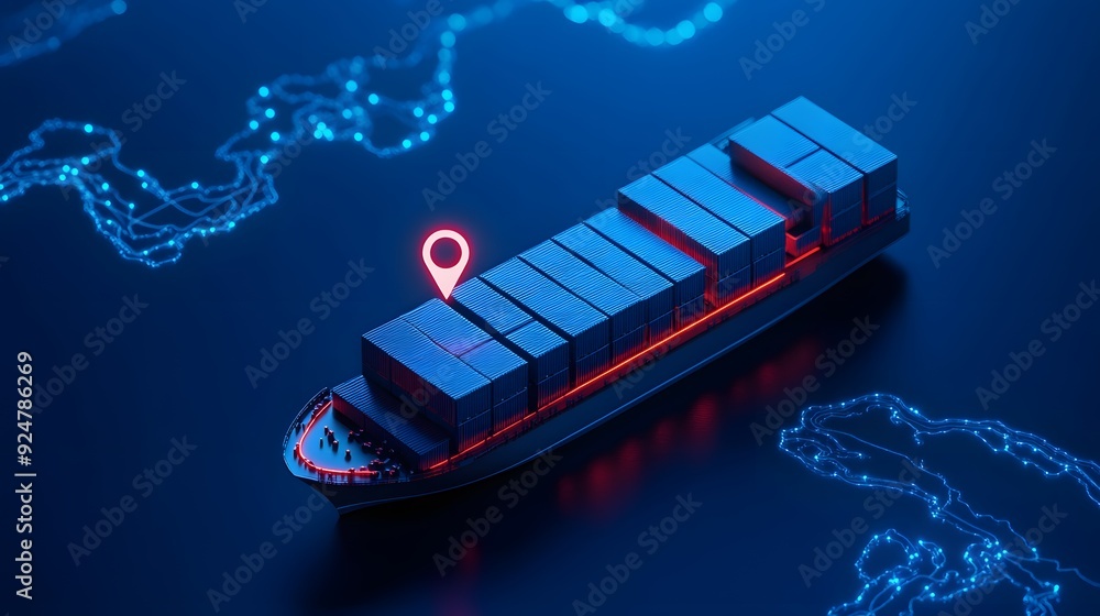 Aufkleber digital rendering of a cargo ship with cargo containers and gps pin on a futuristic map indicating l