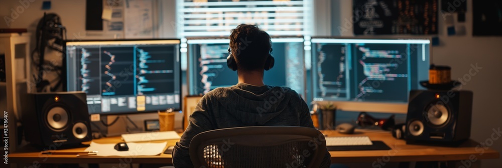 Poster a programmer wearing headphones, working intently on multiple screens, surrounded by speakers and ot