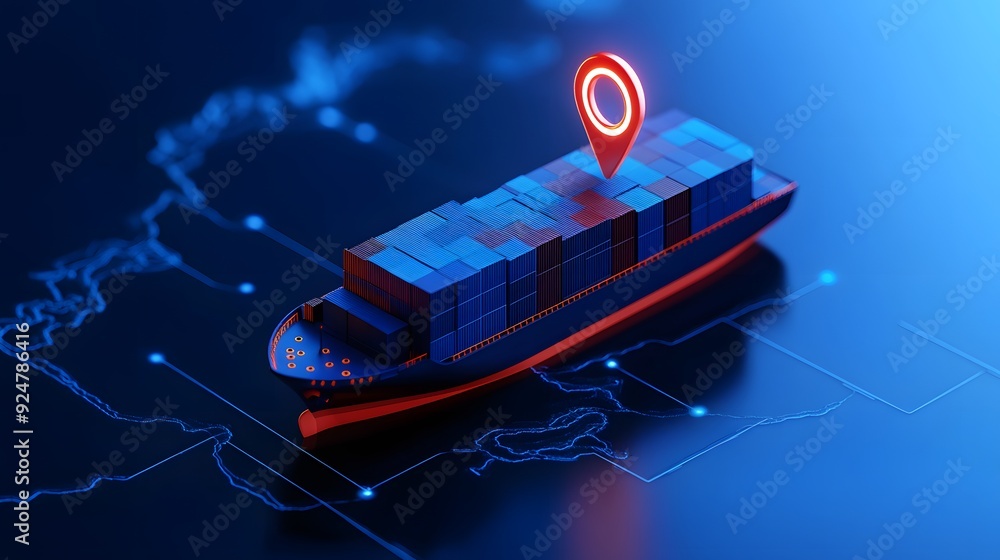 Poster digital representation of a cargo ship utilizing gps technology for navigating global shipping route