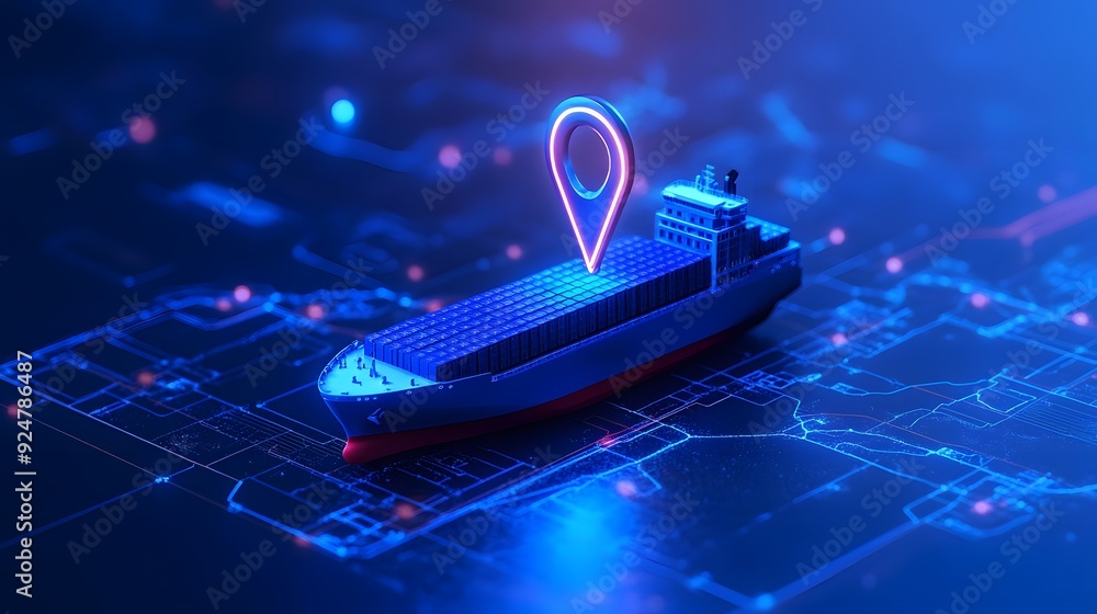 Poster digital representation of a cargo ship with a location pin, symbolizing global shipping and logistic