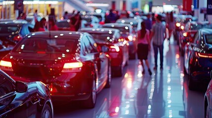 Busy car dealership on weekend, families individuals exploring the lot