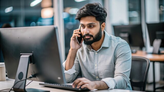 An Indian man in a tech support role, troubleshooting issues via phone or chat.
