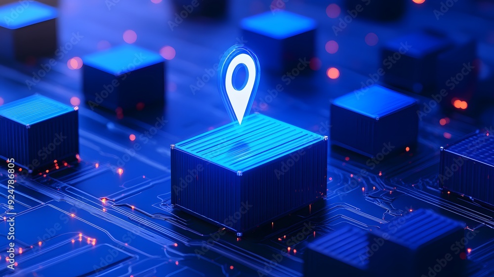 Poster digital representation of a location pin on blue blocks symbolizing technology, gps, and data organi