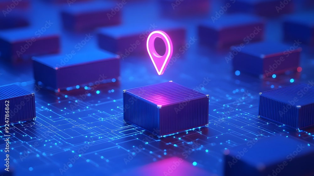 Poster digital representation of a neon location pin on a 3d matrix. futuristic concept of gps, navigation,