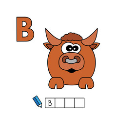 Alphabet with cute cartoon animals isolated on white background. Learning to write game for children education. Vector illustration of bull and letter B