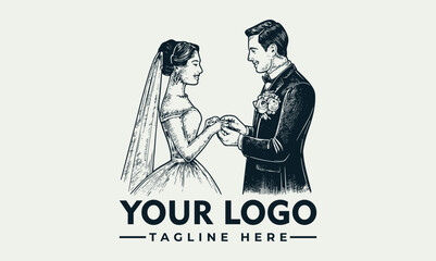 Bride and groom exchange rings wedding ceremony vector logo bride and groom exchanging rings during their wedding ceremony. Perfect for wedding invitations, blogs, and social media posts about wedding