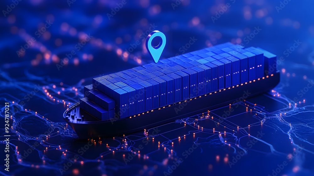Poster digital representation of cargo freight shipping with gps tracking on a futuristic map background at