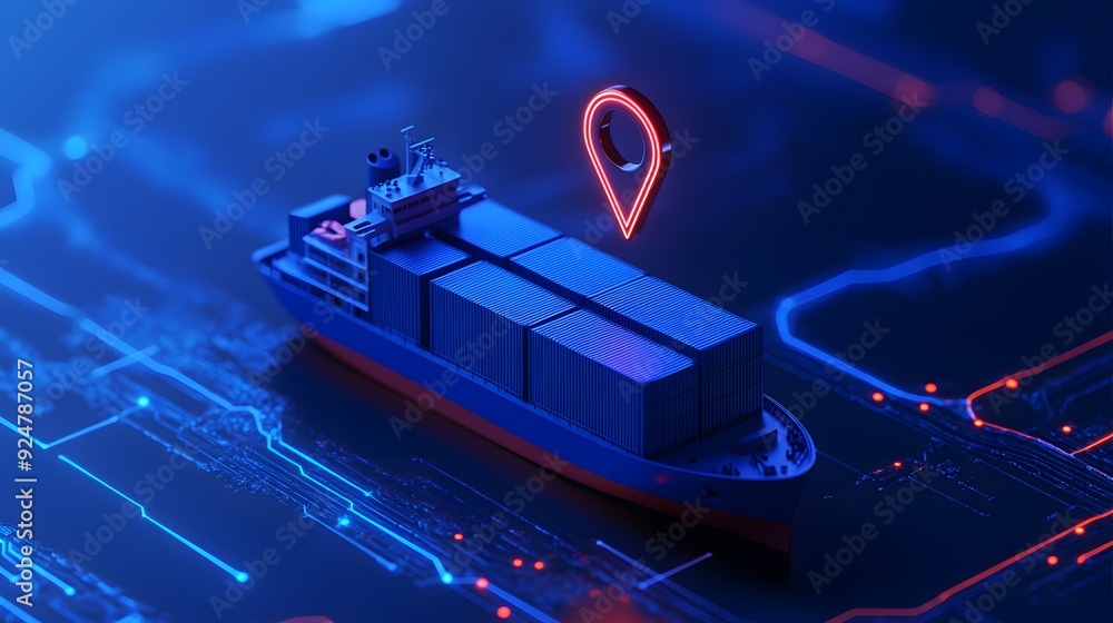 Poster digital representation of cargo ship and logistics gps tracking on a futuristic map with glowing ele