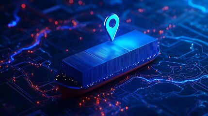 Digital representation of cargo ship and GPS location marker highlighting global shipping and logistics concept.