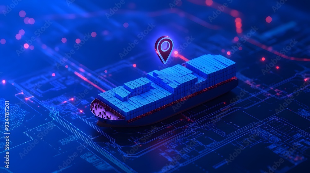 Poster digital representation of cargo ship with gps location marker on technological map, visualizing logi