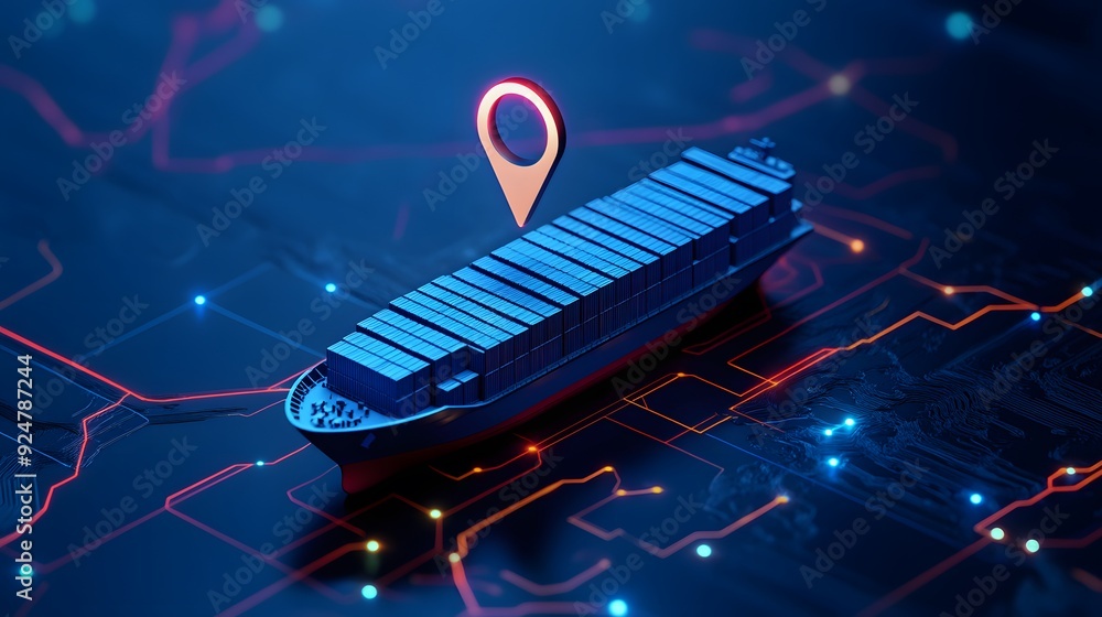 Poster digital representation of cargo ship with gps pin for global maritime tracking and navigation concep