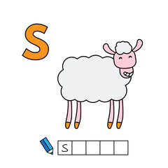 Alphabet with cute cartoon animals isolated on white background. Learning to write game for children education. Vector illustration of sheep and letter S