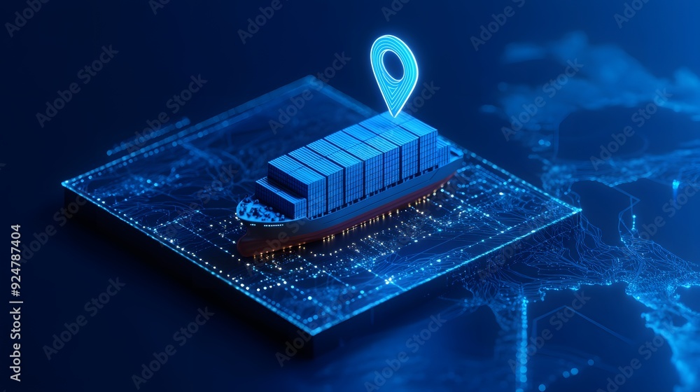 Poster digital representation of cargo tracking system featuring a freight ship and location pin on a digit