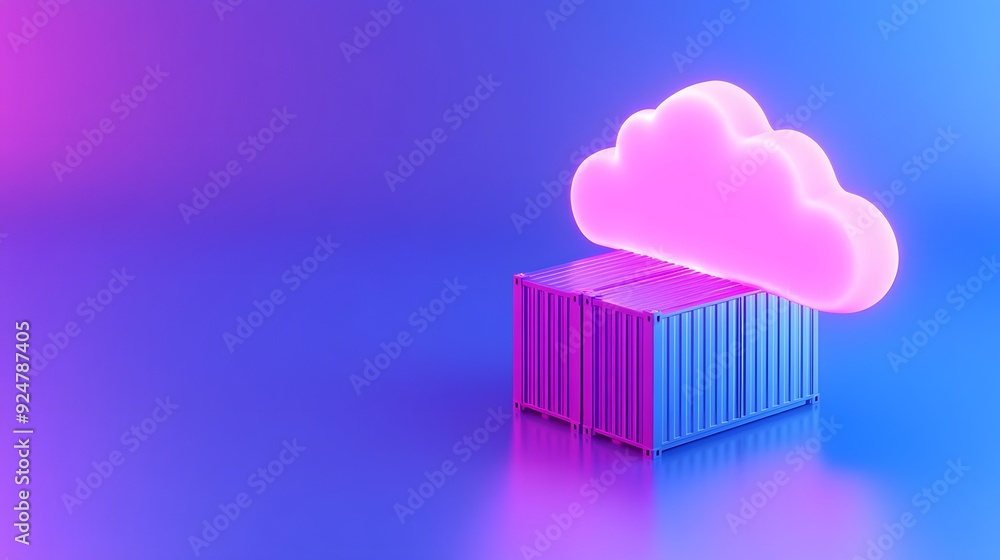 Poster digital representation of cloud computing and data storage with a neon cloud over a shipping contain