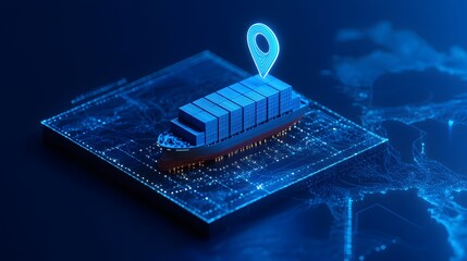 Digital representation of cargo tracking system featuring a freight ship and location pin on a digital map for logistics and transportation.