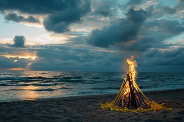 Summer Solstice Celebration on Beach with Bonfires and Ribbons.