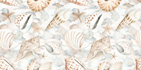 Watercolor set of Shells and Starfish. Seamless pattern hand drawn in watercolor. Nautical style design elements. Suitable for cards, invitations and textiles, scrapbooking.