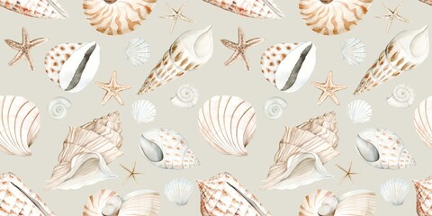 Watercolor set of Shells and Starfish. Seamless pattern hand drawn in watercolor. Nautical style design elements. Suitable for cards, invitations and textiles, scrapbooking.