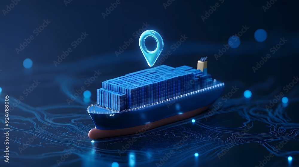 Aufkleber digital representation of shipping logistics with tracking technology and a cargo ship on a network 