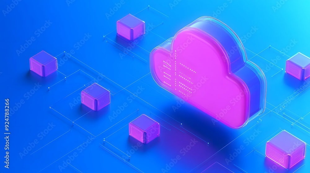 Poster digital visualization of cloud computing with neon-colored cloud and network cubes on a blue backgro