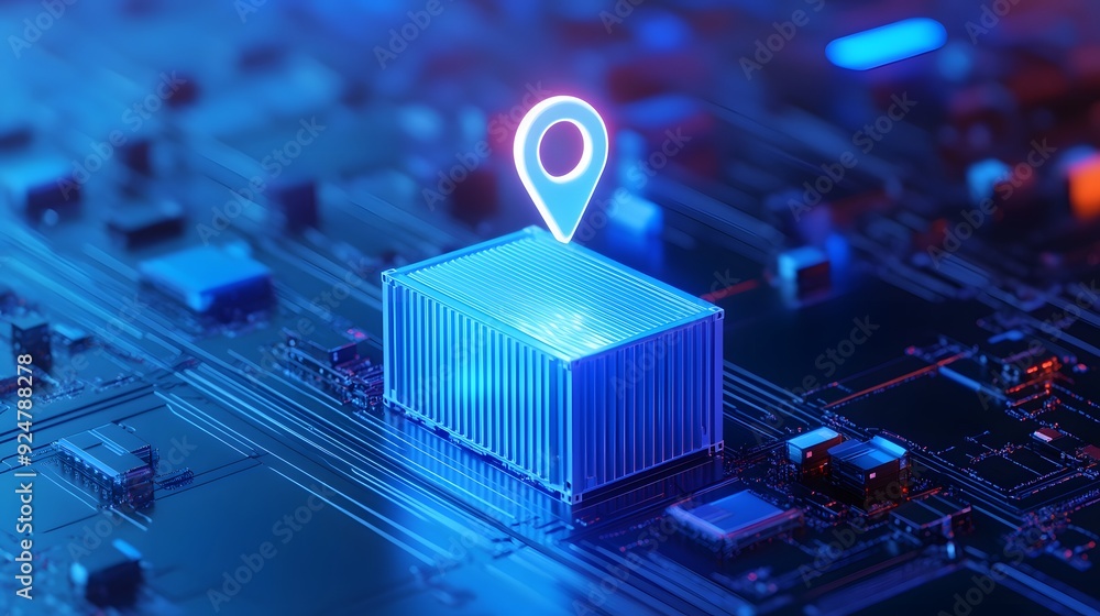 Aufkleber digital visualization of data logistics with blue container, location pin, and circuit board for mod
