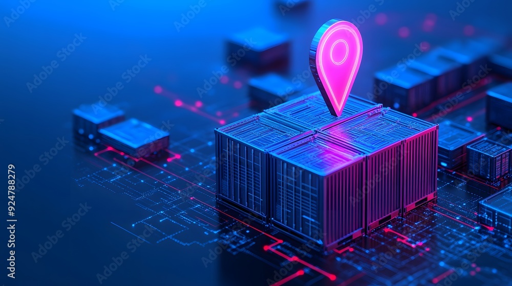 Poster digital warehouse network with a glowing location pin. innovative logistics and supply chain system 