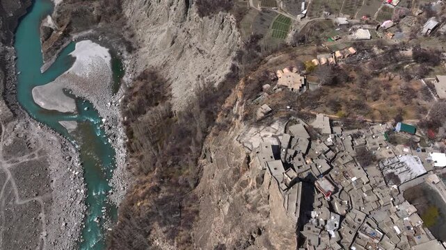 Ancient Altit Fort In Karimabad, Hunza Valley In Gilgit Baltistan, Pakistan. 12 century Fortress - Aerial Drone Shot