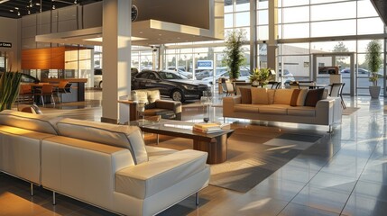 A car dealership's customer lounge, comfortable seating and refreshments, customers waiting