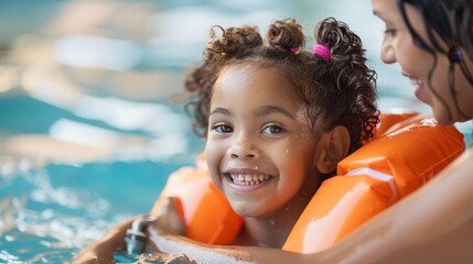 Adorable Multiracial Three-Year-Old Girl Wearing Flotation Devices Smiling While Learning to Swim with Her Mother at an Indoor Aquatic Park