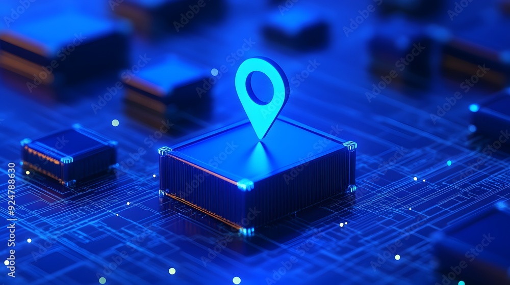 Poster futuristic 3d rendering of a blue digital circuit board with a glowing location pin symbolizing gps,
