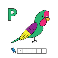Alphabet with cute cartoon animals isolated on white background. Learning to write game for children education. Vector illustration of parrot and letter P
