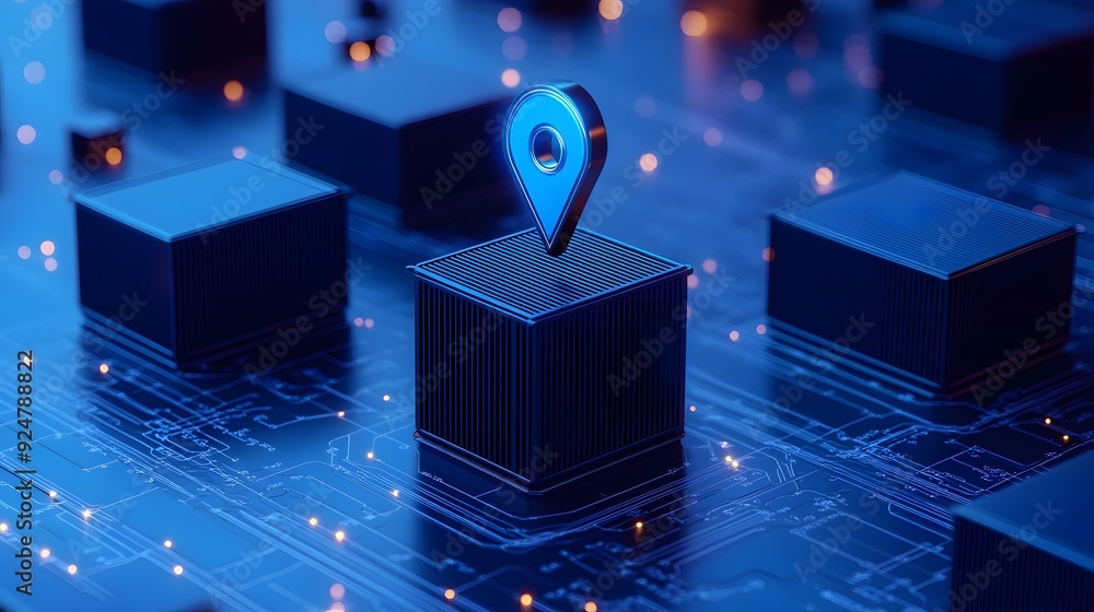 Poster futuristic blue digital location pin on a circuit board, representing technology and navigation in a
