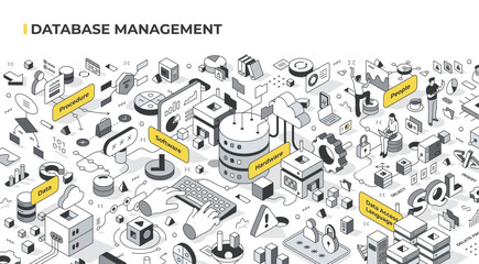 Database management components. Elements and tools for effective database management include data, procedures, hardware, software, people, and data access languages. Isometric illustration