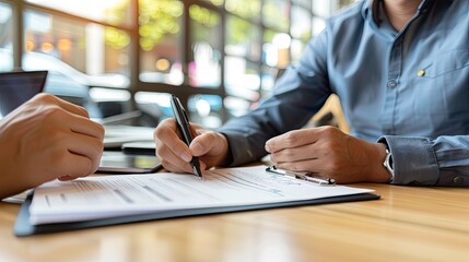 A car dealership financing office, customer signing paperwork