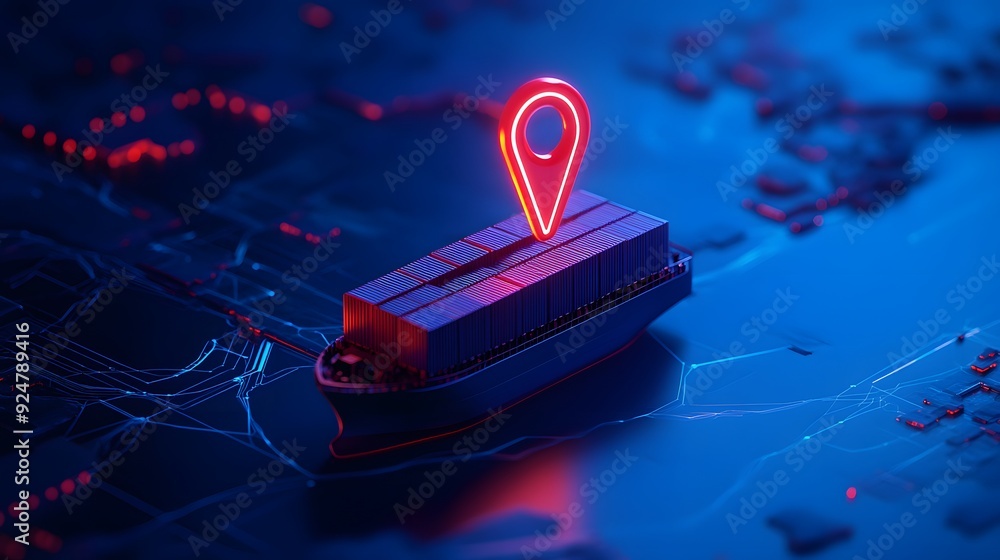 Poster futuristic cargo ship with gps navigation pinpoint glowing on a digital map, representing advanced l