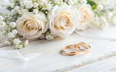 Wedding Rings on Background of a Delicate Bridal Bouquet
