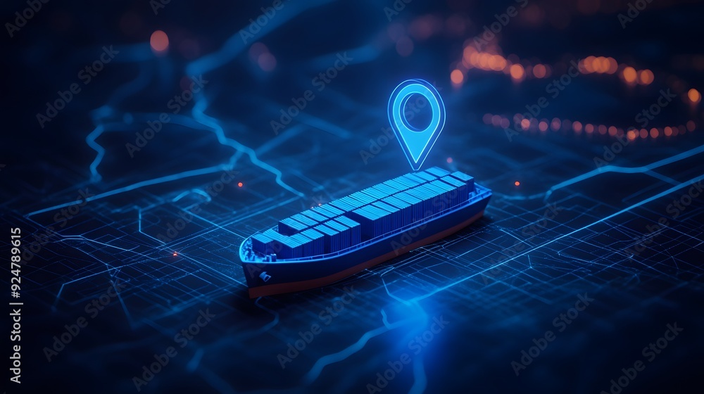 Poster futuristic cargo ship with location pin displayed on a digital map, representing maritime navigation