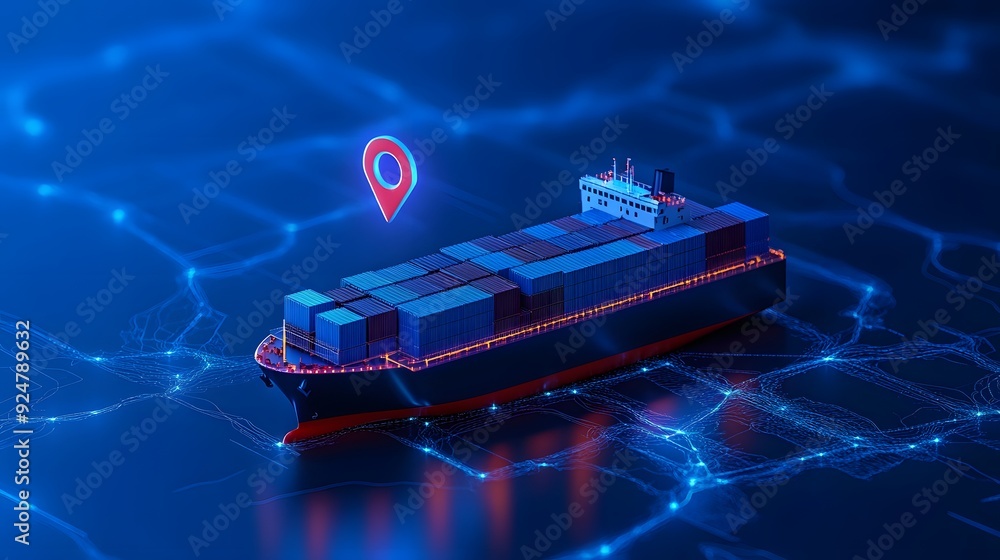 Poster futuristic cargo ship with navigation pin floating on digital ocean, showcasing advanced shipping te