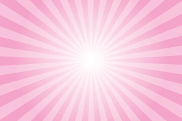Pink background with white sun ray. Pattern of starburst. Abstract carnation pink texture with light of sunburst. Radial beam of sunlight. Retro background with flash. Design of sunbeams. Vector.	