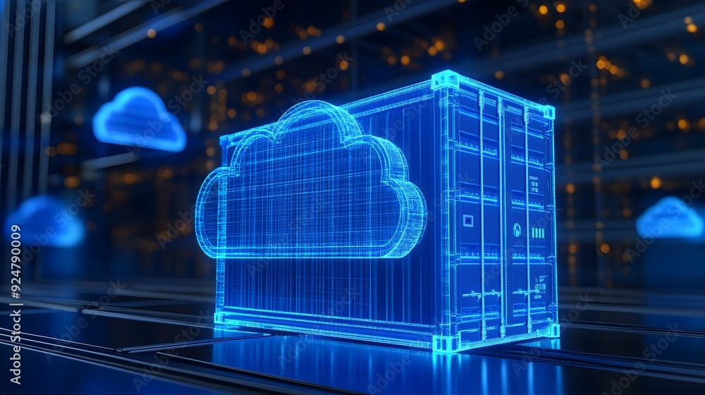 Poster futuristic cloud computing and data storage technology concept with server racks and virtual servers