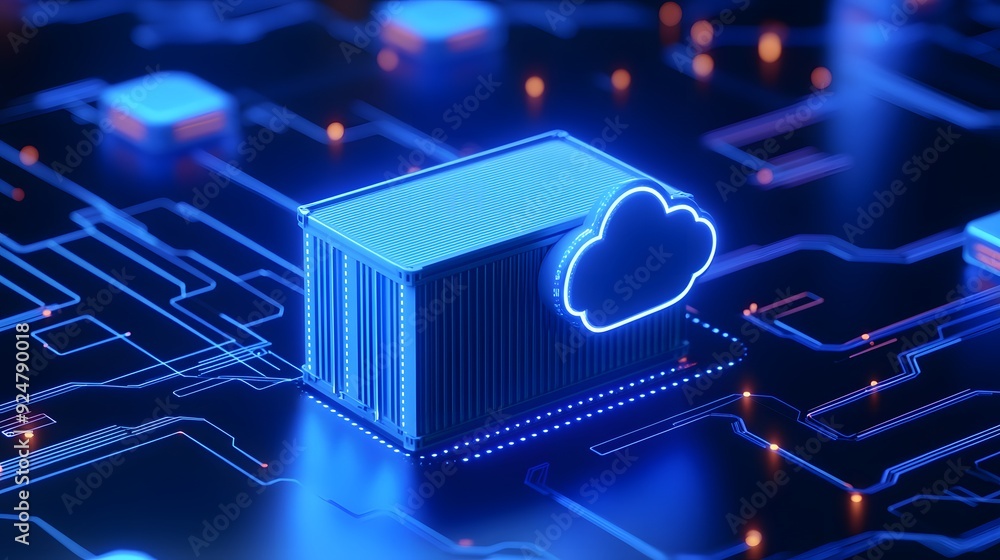 Poster futuristic cloud computing and digital data processing concept with glowing cloud icon on circuit bo