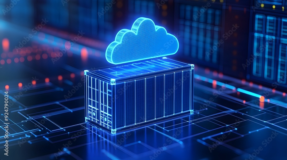 Poster futuristic cloud computing concept featuring digital container infrastructure on a circuit board bac