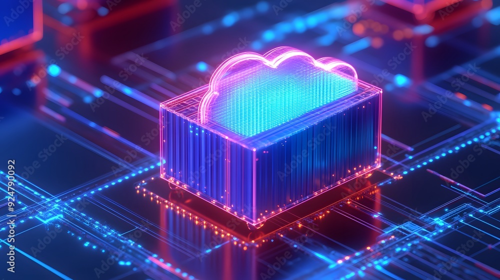 Poster futuristic cloud computing concept, visualizing data storage and technology innovation. neon lights,