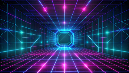 Futuristic Digital Background with Neon Lines Forming 3D Space. High-Tech, Cyberpunk-Inspired Design