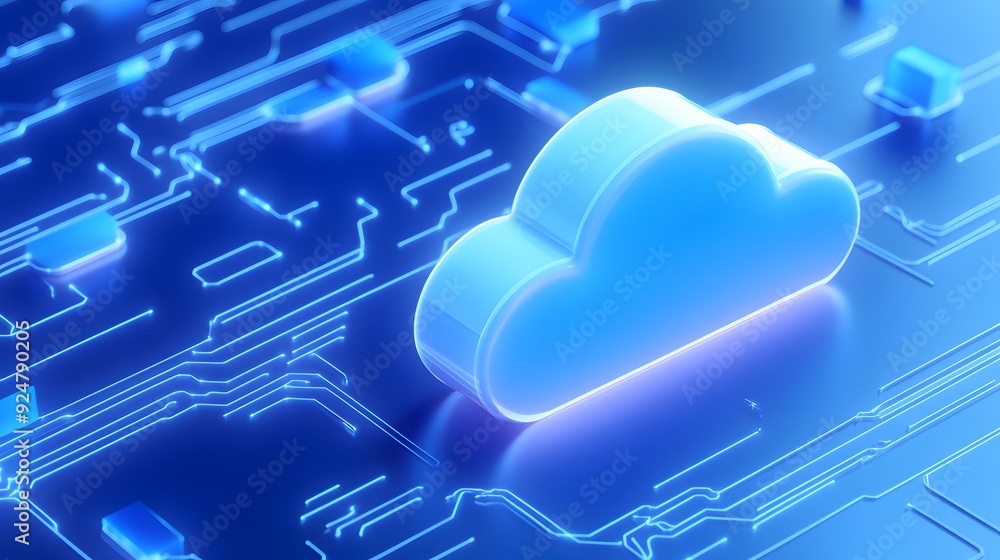 Poster futuristic cloud computing concept with blue neon cloud icon on digital circuit board, representing 